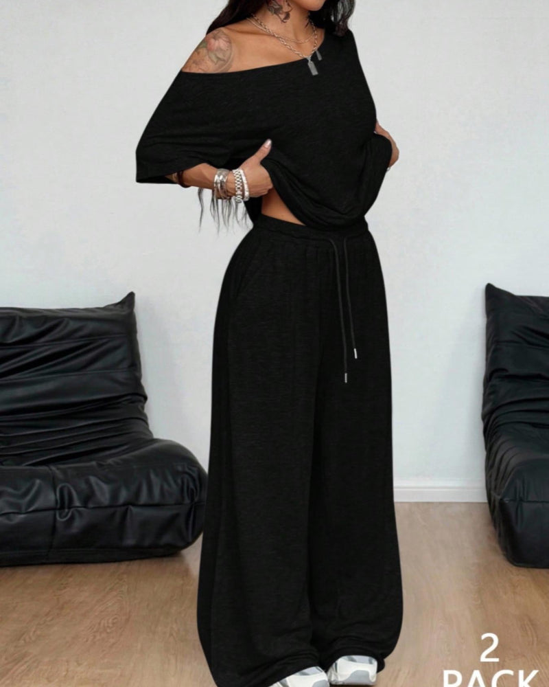 Women's Two Piece Lounge Set Off Shoulder Top and Wide Leg Pants Casual Loose Fit Outfit - Seldom Seen Styles