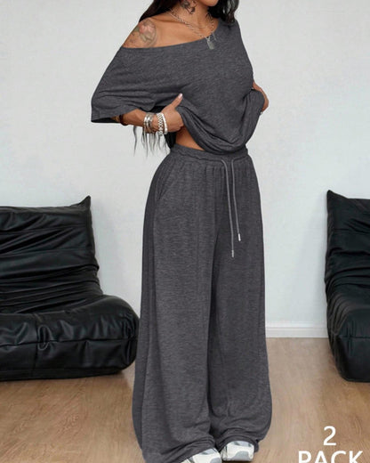Women's Two Piece Lounge Set Off Shoulder Top and Wide Leg Pants Casual Loose Fit Outfit