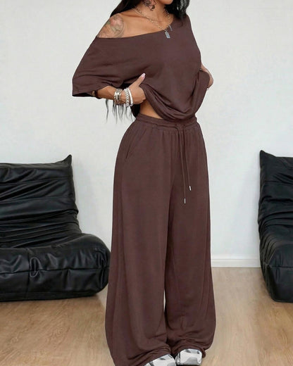 Women's Two Piece Lounge Set Off Shoulder Top and Wide Leg Pants Casual Loose Fit Outfit
