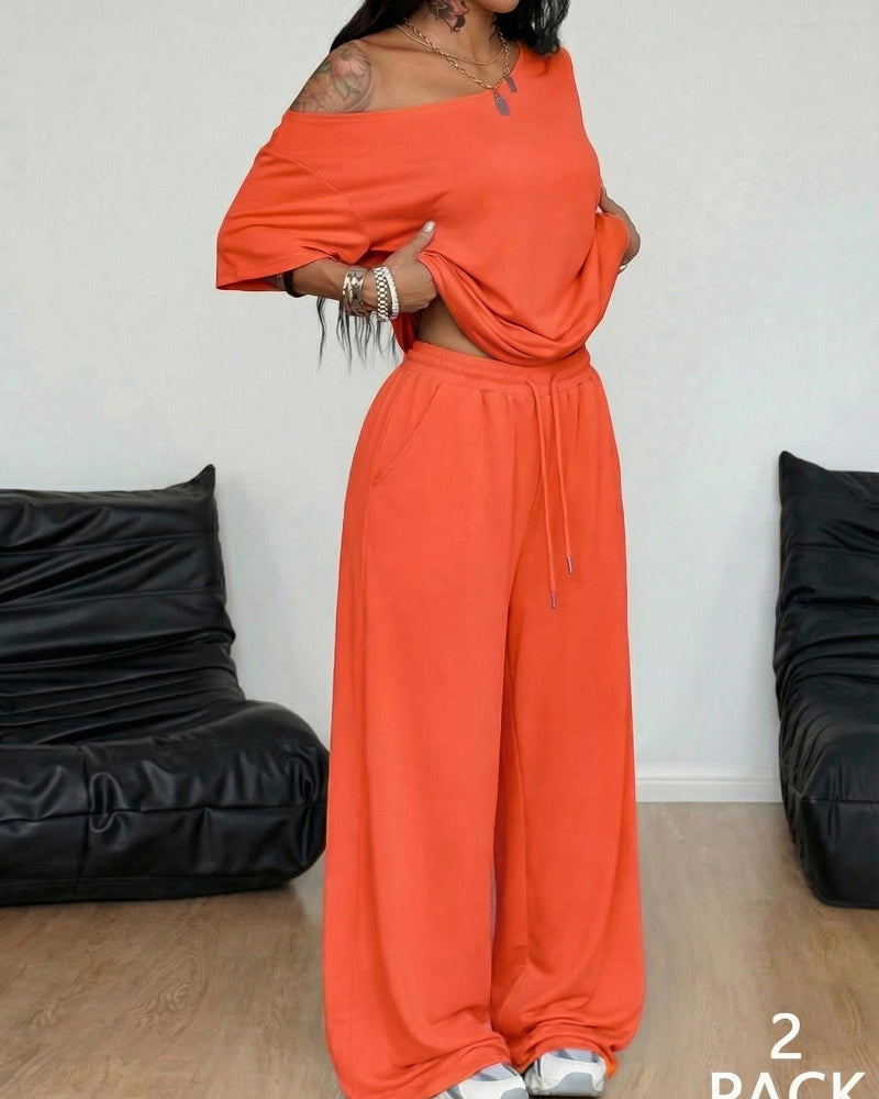 Women's Two Piece Lounge Set Off Shoulder Top and Wide Leg Pants Casual Loose Fit Outfit - Seldom Seen Styles