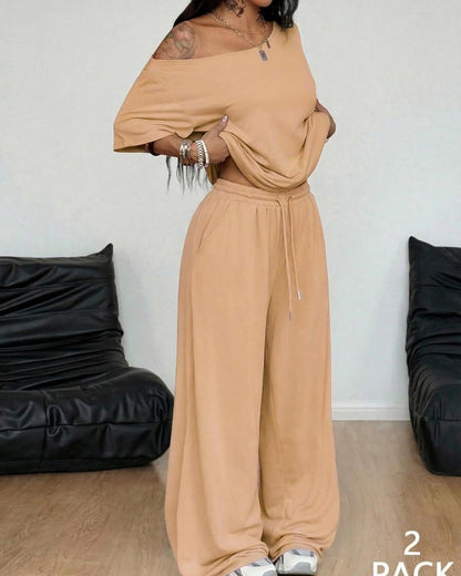 Women's Two Piece Lounge Set Off Shoulder Top and Wide Leg Pants Casual Loose Fit Outfit