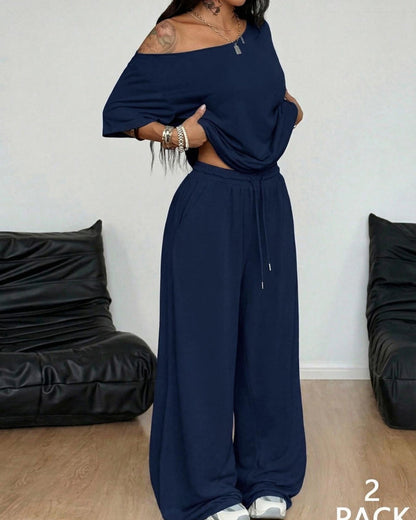 Women's Two Piece Lounge Set Off Shoulder Top and Wide Leg Pants Casual Loose Fit Outfit