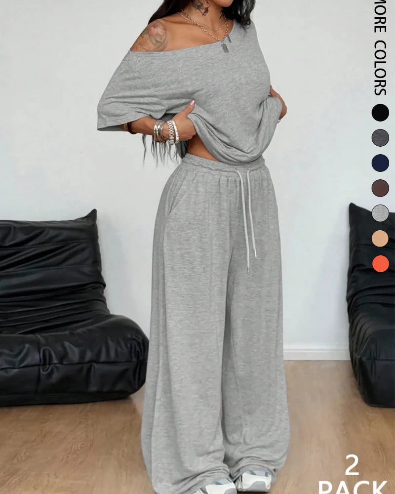 Women's Two Piece Lounge Set Off Shoulder Top and Wide Leg Pants Casual Loose Fit Outfit - Seldom Seen Styles