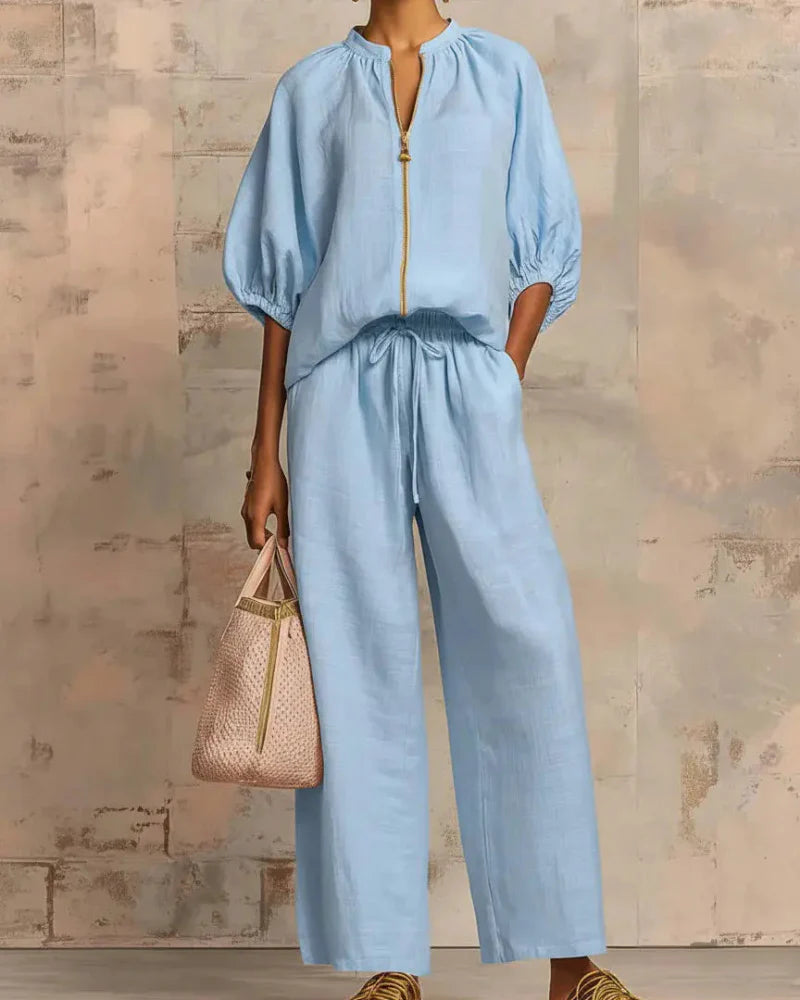 Women’s Lounge Set, Zip Top & Wide Leg Pants 2-Piece Casual Outfit - Seldom Seen Styles
