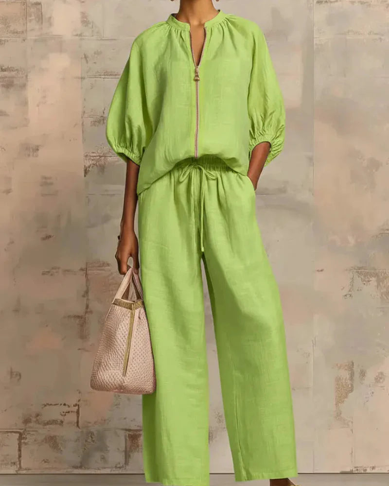 Women’s Lounge Set, Zip Top & Wide Leg Pants 2-Piece Casual Outfit - Seldom Seen Styles
