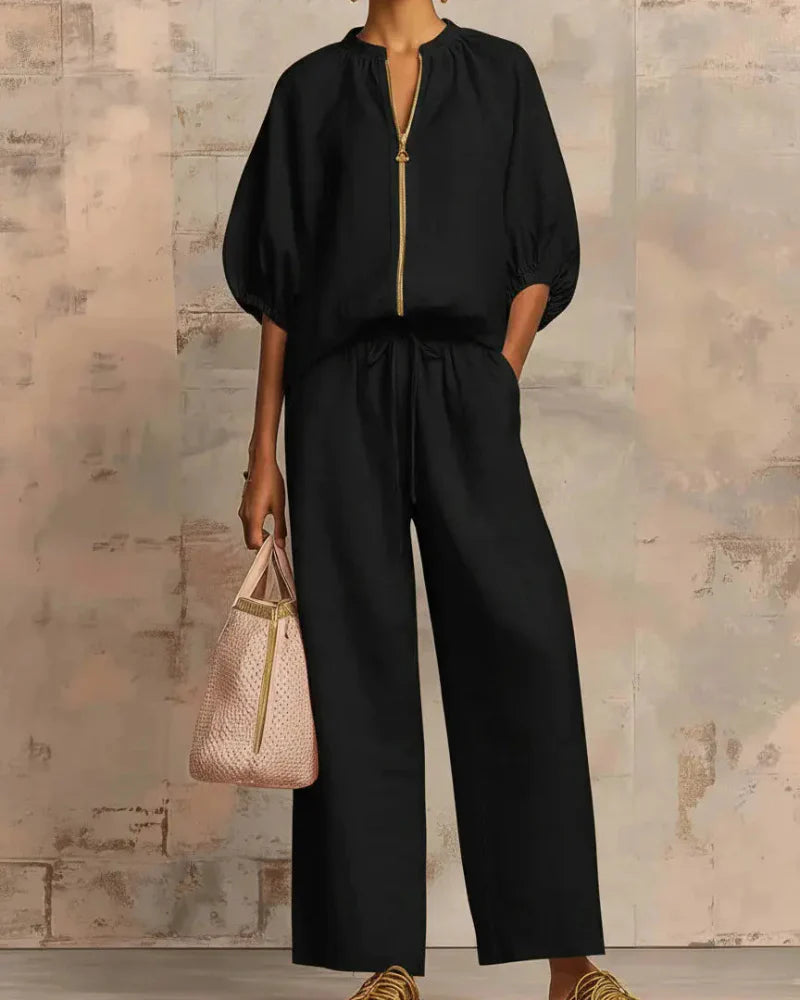 Women’s Lounge Set, Zip Top & Wide Leg Pants 2-Piece Casual Outfit - Seldom Seen Styles