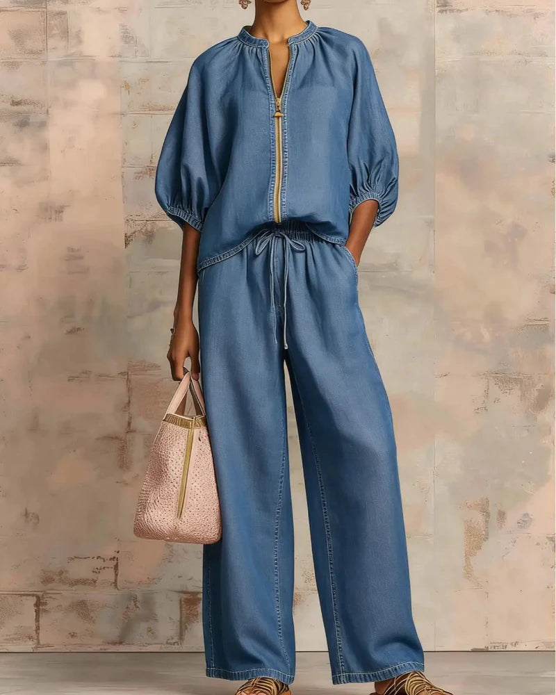 Women’s Lounge Set, Zip Top & Wide Leg Pants 2-Piece Casual Outfit - Seldom Seen Styles