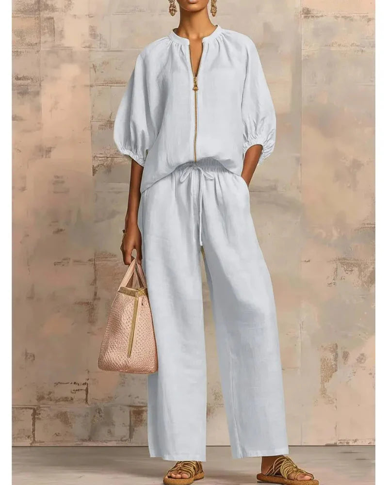 Women’s Lounge Set, Zip Top & Wide Leg Pants 2-Piece Casual Outfit - Seldom Seen Styles