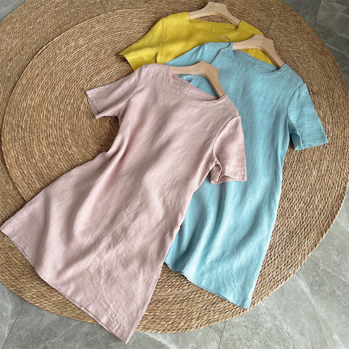 Women's Crew Neck Short Sleeve Loose Fit 100% Linen Mini Dress Summer Casual Beach Vacation - Seldom Seen Styles