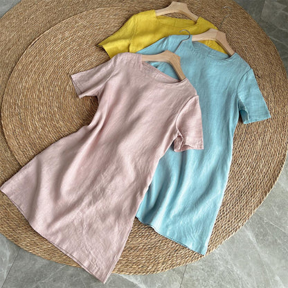 Women's Crew Neck Short Sleeve Loose Fit 100% Linen Mini Dress Summer Casual Beach Vacation
