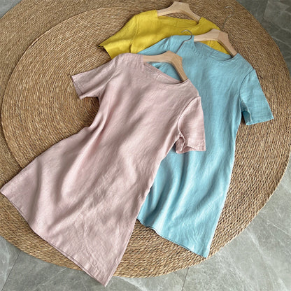 Women's Crew Neck Short Sleeve Loose Fit 100% Linen Mini Dress Summer Casual Beach Vacation