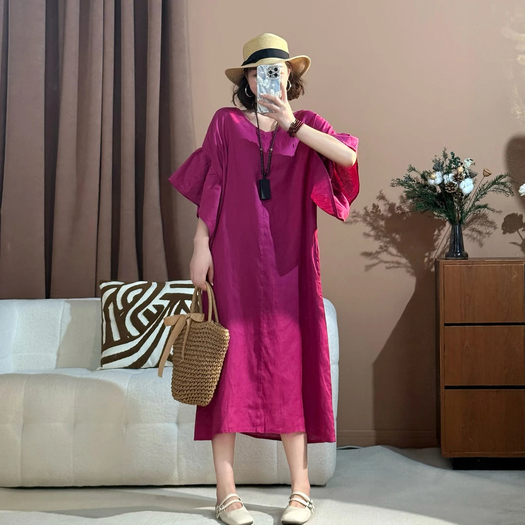 Women's Round Neck Flare Sleeve Loose Fit Linen Midi Dress Plus Size Casual Summer Beach Vacation - Seldom Seen Styles
