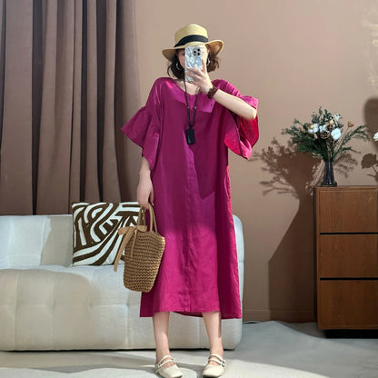 Women's Round Neck Flare Sleeve Loose Fit Linen Midi Dress Plus Size Casual Summer Beach Vacation