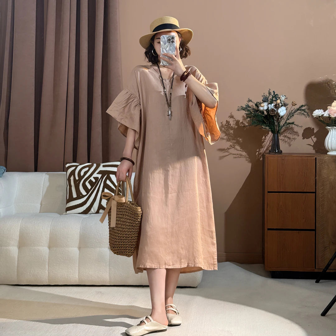 Women's Round Neck Flare Sleeve Loose Fit Linen Midi Dress Plus Size Casual Summer Beach Vacation - Seldom Seen Styles