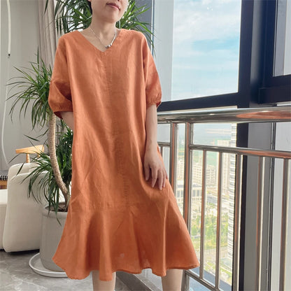Women's V-Neck Puff Sleeve Loose Fit Linen Ruffle Hem Midi Dress Summer Casual