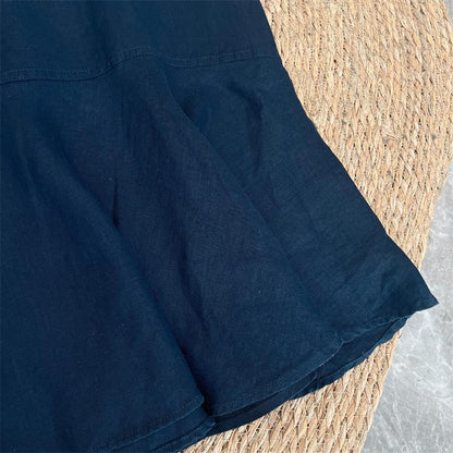 Women's V-Neck Puff Sleeve Loose Fit Linen Ruffle Hem Midi Dress Summer Casual
