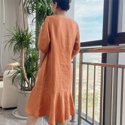 Women's V-Neck Puff Sleeve Loose Fit Linen Ruffle Hem Midi Dress Summer Casual