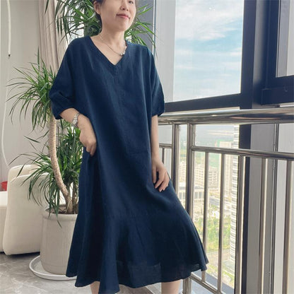 Women's V-Neck Puff Sleeve Loose Fit Linen Ruffle Hem Midi Dress Summer Casual