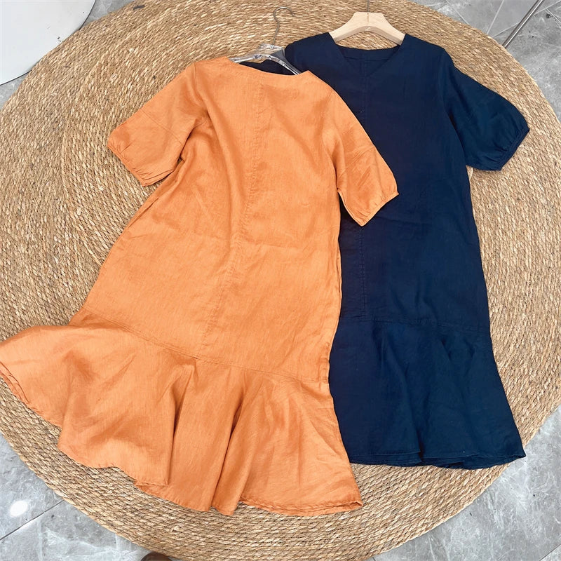 Women's V-Neck Puff Sleeve Loose Fit Linen Ruffle Hem Midi Dress Summer Casual - Seldom Seen Styles