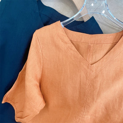 Women's V-Neck Puff Sleeve Loose Fit Linen Ruffle Hem Midi Dress Summer Casual
