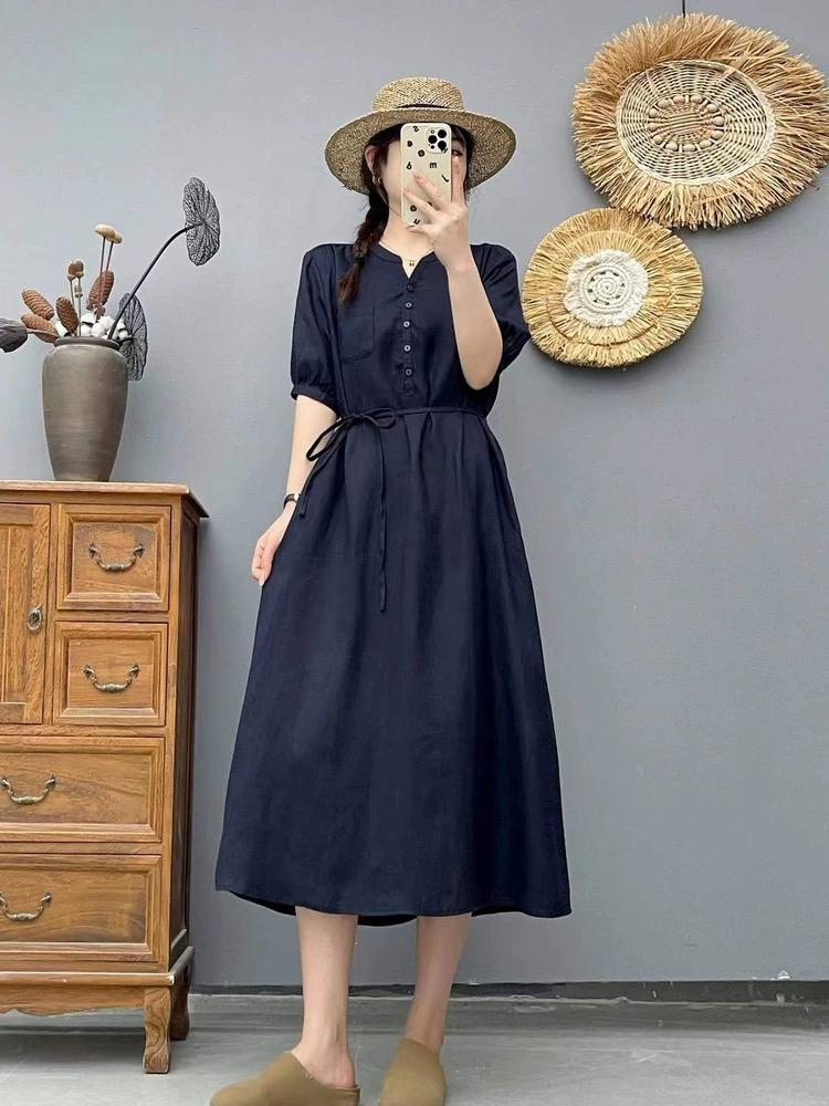 Women's V-Neck Puff Sleeve Drawstring Waist 100% Linen Midi Dress Casual Summer Beach Vacation - Seldom Seen Styles