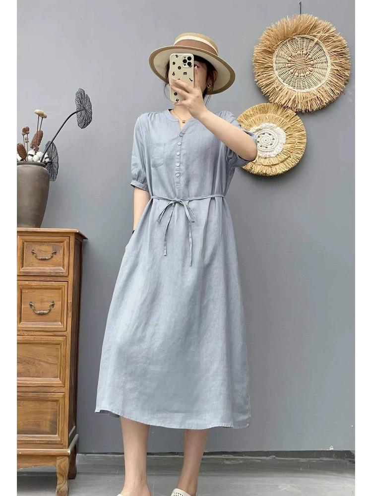 Women's V-Neck Puff Sleeve Drawstring Waist 100% Linen Midi Dress Casual Summer Beach Vacation - Seldom Seen Styles