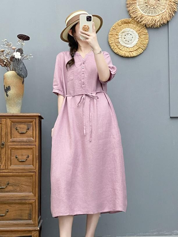 Women's V-Neck Puff Sleeve Drawstring Waist 100% Linen Midi Dress Casual Summer Beach Vacation - Seldom Seen Styles
