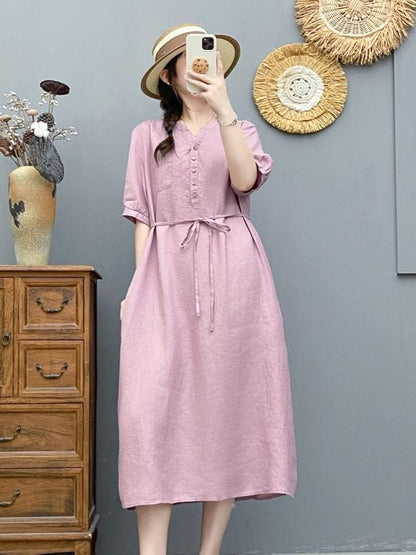 Women's V-Neck Puff Sleeve Drawstring Waist 100% Linen Midi Dress Casual Summer Beach Vacation