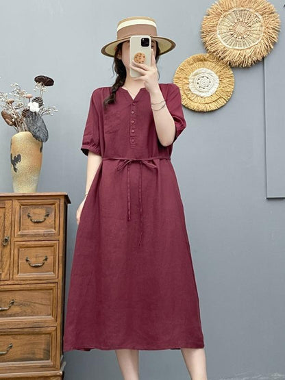 Women's V-Neck Puff Sleeve Drawstring Waist 100% Linen Midi Dress Casual Summer Beach Vacation