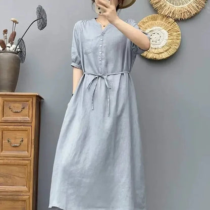 Women's V-Neck Puff Sleeve Drawstring Waist 100% Linen Midi Dress Casual Summer Beach Vacation