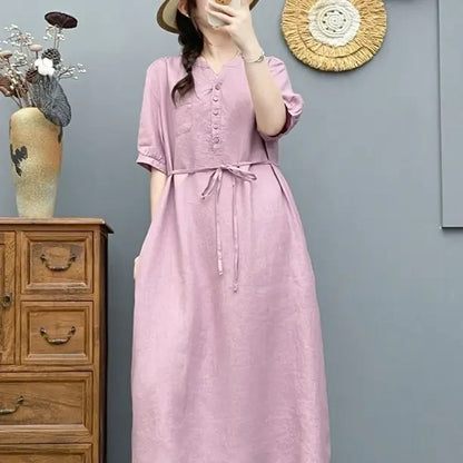 Women's V-Neck Puff Sleeve Drawstring Waist 100% Linen Midi Dress Casual Summer Beach Vacation