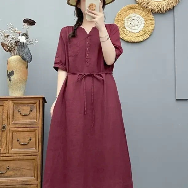 Women's V-Neck Puff Sleeve Drawstring Waist 100% Linen Midi Dress Casual Summer Beach Vacation - Seldom Seen Styles