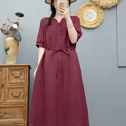 Women's V-Neck Puff Sleeve Drawstring Waist 100% Linen Midi Dress Casual Summer Beach Vacation
