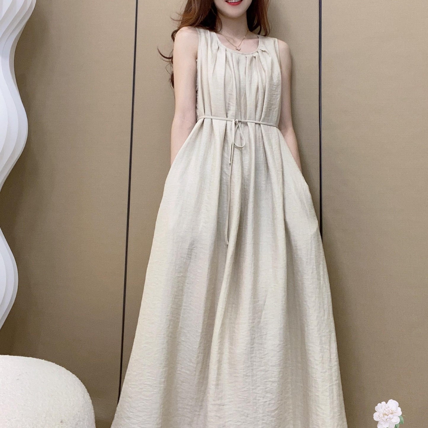 Women's Round Neck Sleeveless Pleated Tie Waist Loose 100% Linen Maxi Dress Casual Summer Beach Vacation - Seldom Seen Styles
