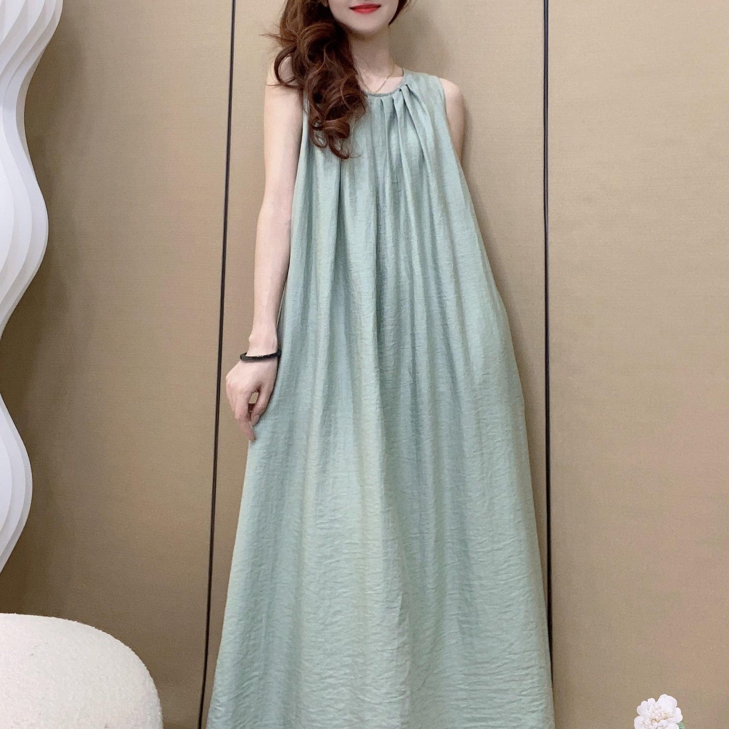 Women's Round Neck Sleeveless Pleated Tie Waist Loose 100% Linen Maxi Dress Casual Summer Beach Vacation - Seldom Seen Styles