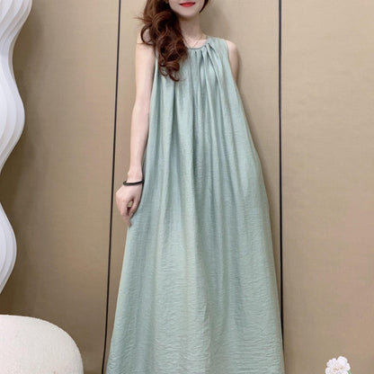 Women's Round Neck Sleeveless Pleated Tie Waist Loose 100% Linen Maxi Dress Casual Summer Beach Vacation