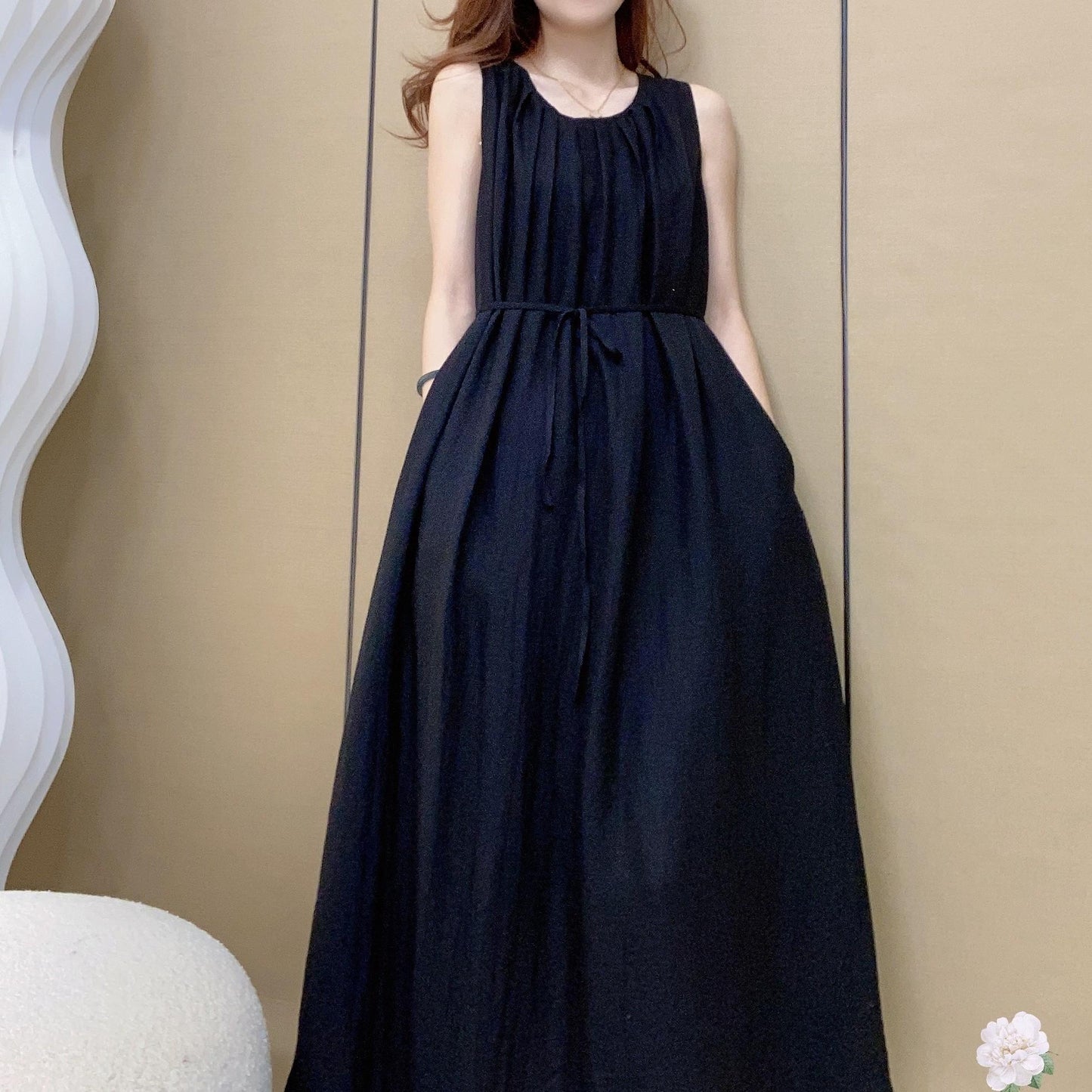 Women's Round Neck Sleeveless Pleated Tie Waist Loose 100% Linen Maxi Dress Casual Summer Beach Vacation - Seldom Seen Styles