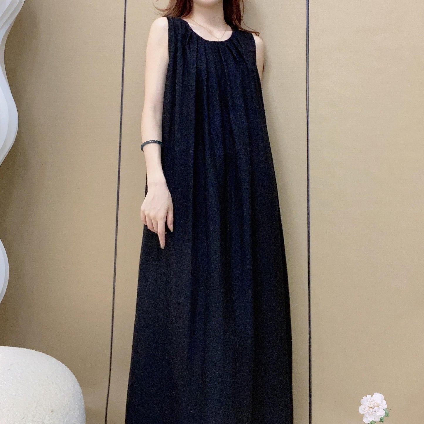 Women's Round Neck Sleeveless Pleated Tie Waist Loose 100% Linen Maxi Dress Casual Summer Beach Vacation - Seldom Seen Styles
