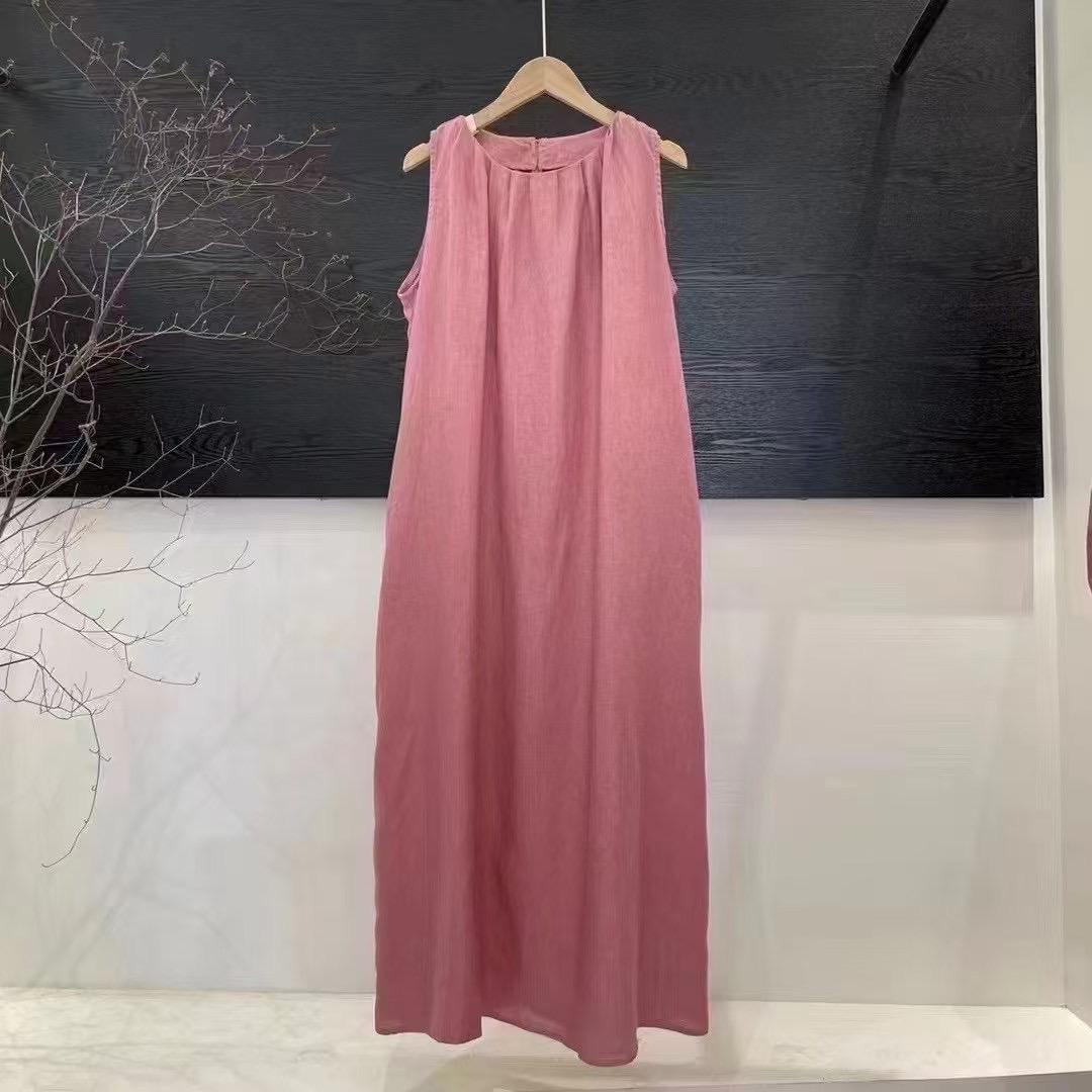 Women's Crew Neck Sleeveless Pleated 100% Linen Maxi Dress Loose Fit Casual Summer Beach Vacation - Seldom Seen Styles