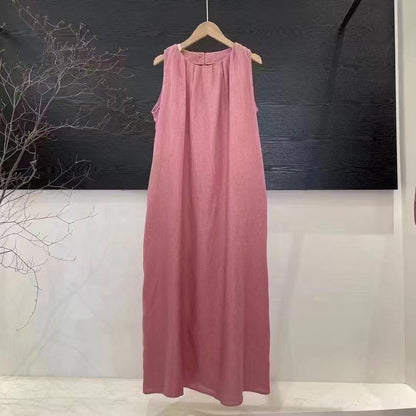 Women's Crew Neck Sleeveless Pleated 100% Linen Maxi Dress Loose Fit Casual Summer Beach Vacation