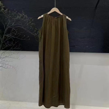 Women's Crew Neck Sleeveless Pleated 100% Linen Maxi Dress Loose Fit Casual Summer Beach Vacation