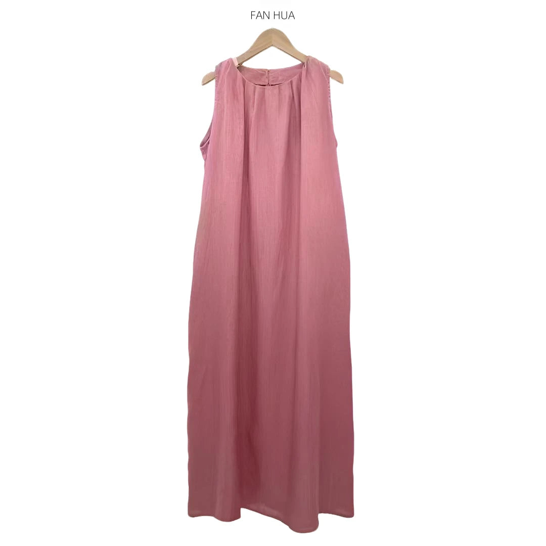 Women's Crew Neck Sleeveless Pleated 100% Linen Maxi Dress Loose Fit Casual Summer Beach Vacation - Seldom Seen Styles