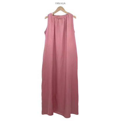 Women's Crew Neck Sleeveless Pleated 100% Linen Maxi Dress Loose Fit Casual Summer Beach Vacation