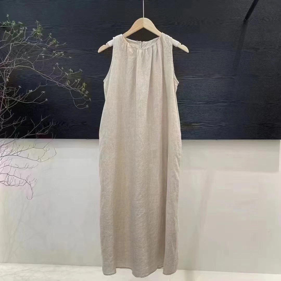Women's Crew Neck Sleeveless Pleated 100% Linen Maxi Dress Loose Fit Casual Summer Beach Vacation - Seldom Seen Styles
