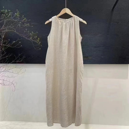 Women's Crew Neck Sleeveless Pleated 100% Linen Maxi Dress Loose Fit Casual Summer Beach Vacation