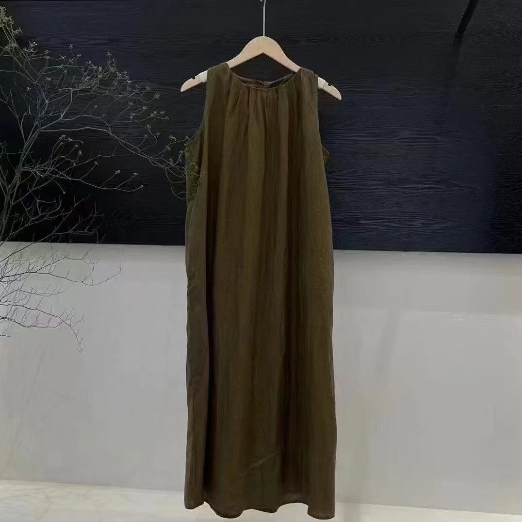 Women's Crew Neck Sleeveless Pleated 100% Linen Maxi Dress Loose Fit Casual Summer Beach Vacation - Seldom Seen Styles