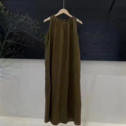 Women's Crew Neck Sleeveless Pleated 100% Linen Maxi Dress Loose Fit Casual Summer Beach Vacation