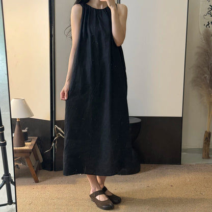 Women's Crew Neck Sleeveless Pleated 100% Linen Maxi Dress Loose Fit Casual Summer Beach Vacation