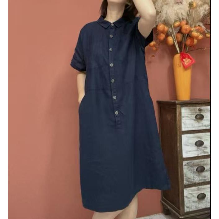 Women's Shirt Collar Short Sleeve Button-Down Dual Pocket Linen Midi Dress Casual Summer Vacation - Seldom Seen Styles