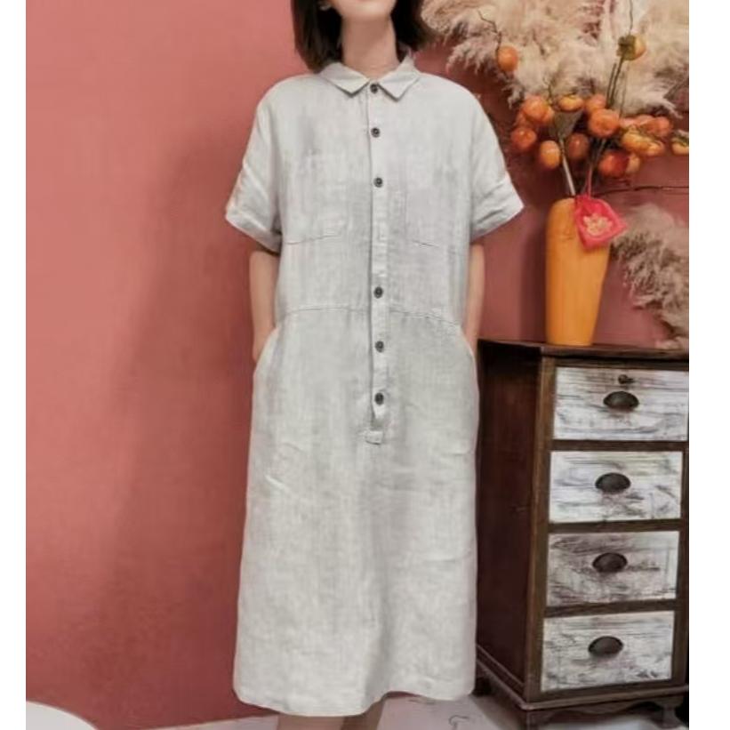 Women's Shirt Collar Short Sleeve Button-Down Dual Pocket Linen Midi Dress Casual Summer Vacation - Seldom Seen Styles